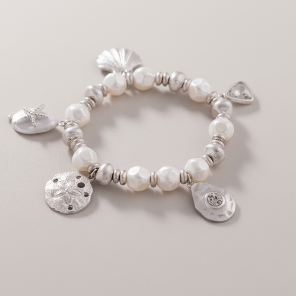 Seaside Pearl Charm Stretch Bracelet – Coastal Starfish & Shell – silver